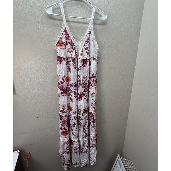 Romantic Gypsy Babydoll Maxi Dress M Floral Crochet Boho Gauzy Tassels Peasant - Picture 1 of 11
